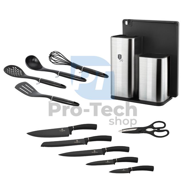 12-dijelni set kuhinjskih noževa od nehrđajućeg čelika i kuhinjskog pribora s daskom za rezanje BLACK-SILVER 20486